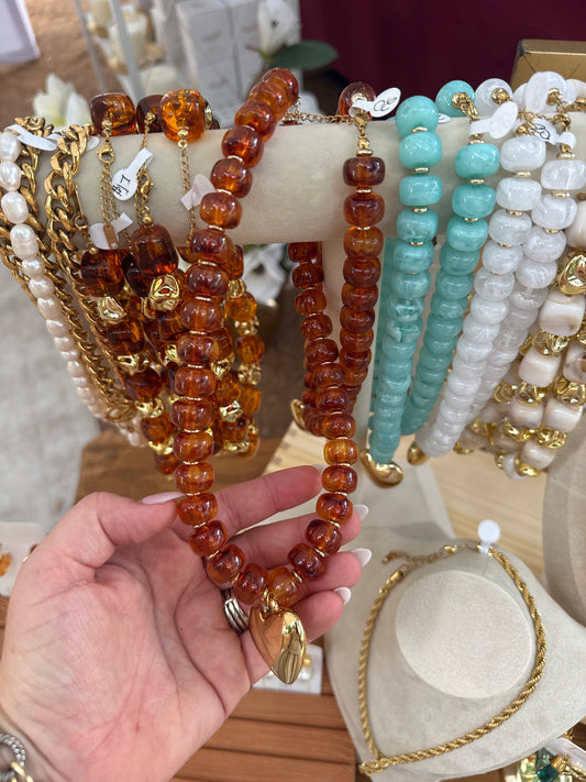 Gold, cream, turquoise